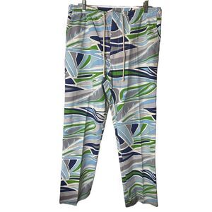 J. McLaughlin Wide Leg Pants Blue White Green Beach Print Poplin Pant Sz L NWT